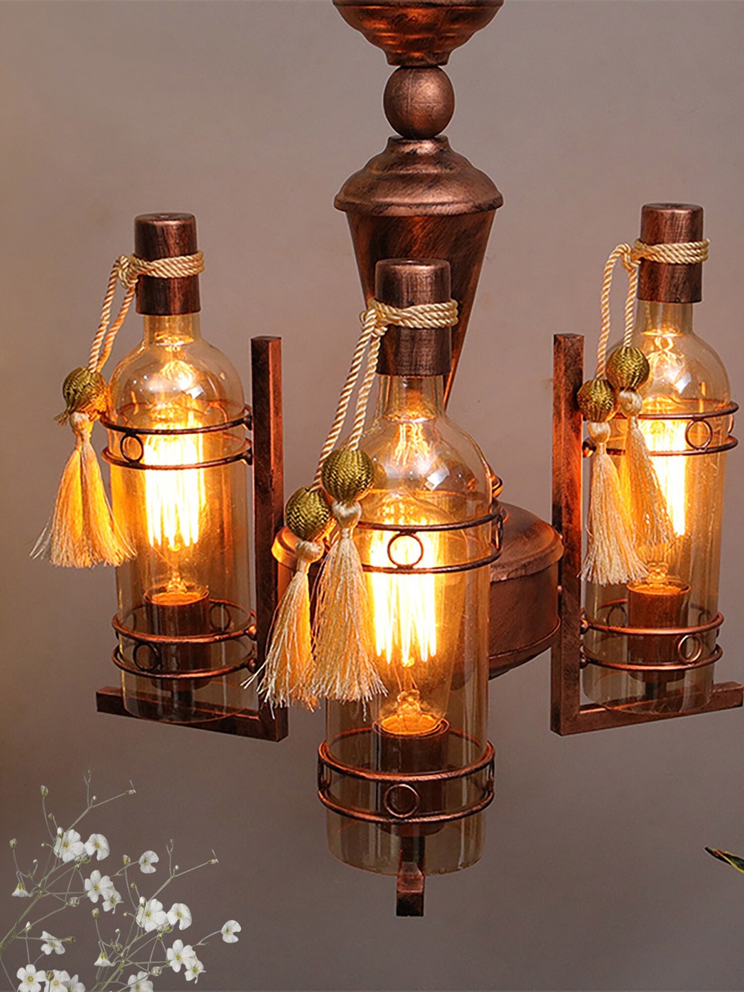 

Homesake Copper-Toned 3-Light Vintage Glass & Metal Jhoomar Ceiling Lamp