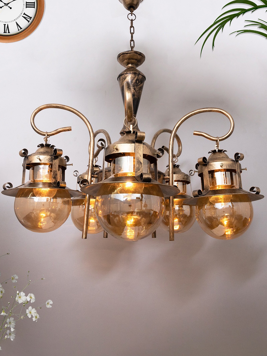 

Homesake Gold-Toned 5-Light Vintage Glass & Metal Jhoomar Ceiling Lamp