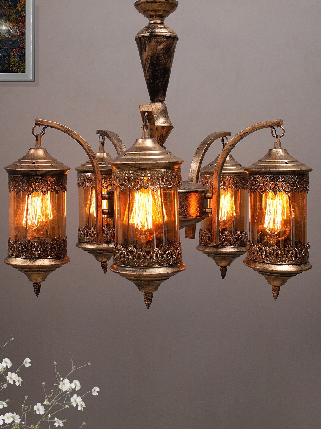 

Homesake Gold-Toned 5-Light Vintage Glass & Metal Jhoomar Ceiling Lamp