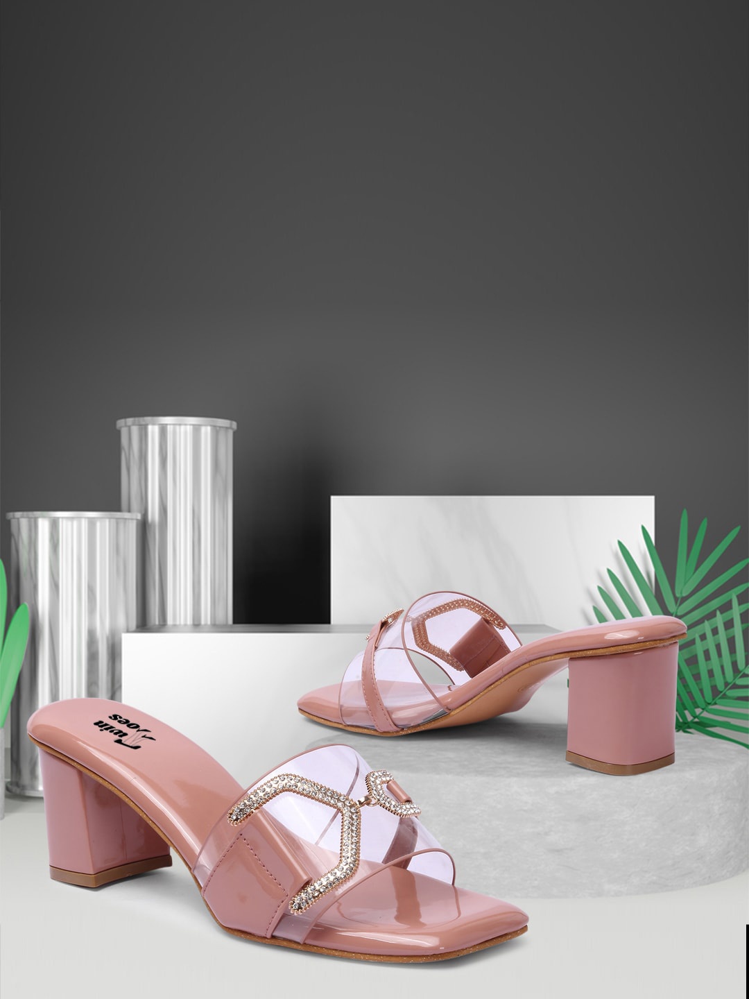 

TWIN TOES Women Peach-Coloured Embellished Block Sandals