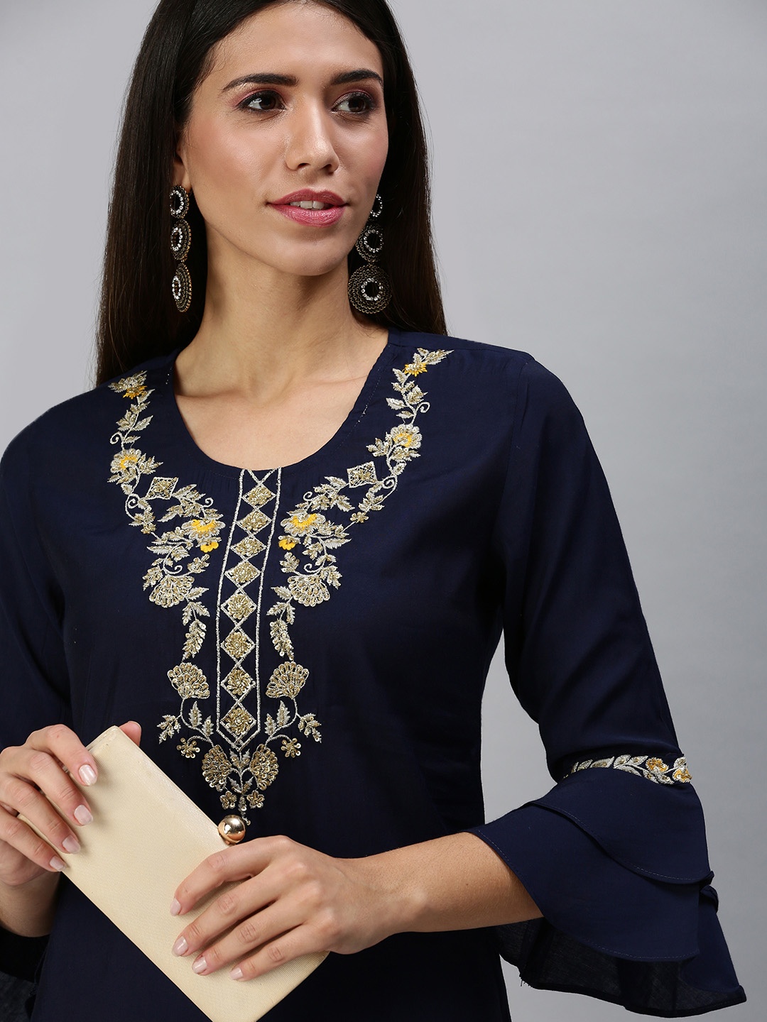 

SHOWOFF Women Navy Blue Embroidered Sequinned Kurta With Trousers