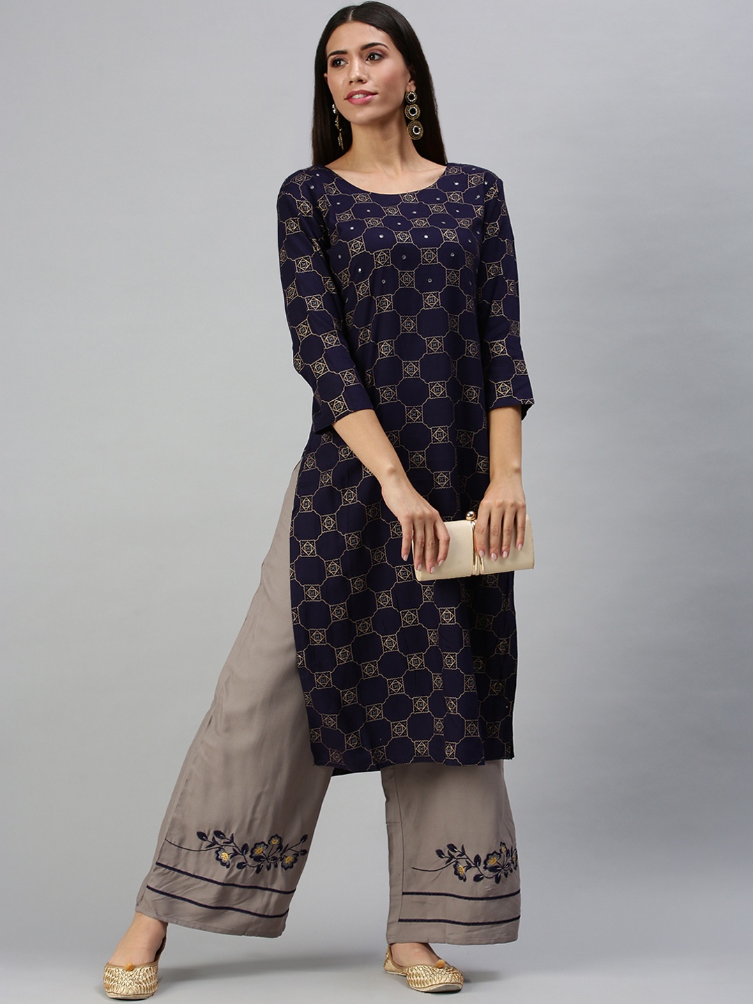 

SHOWOFF Women Navy Blue Ethnic Motifs Printed Kurta with Trousers