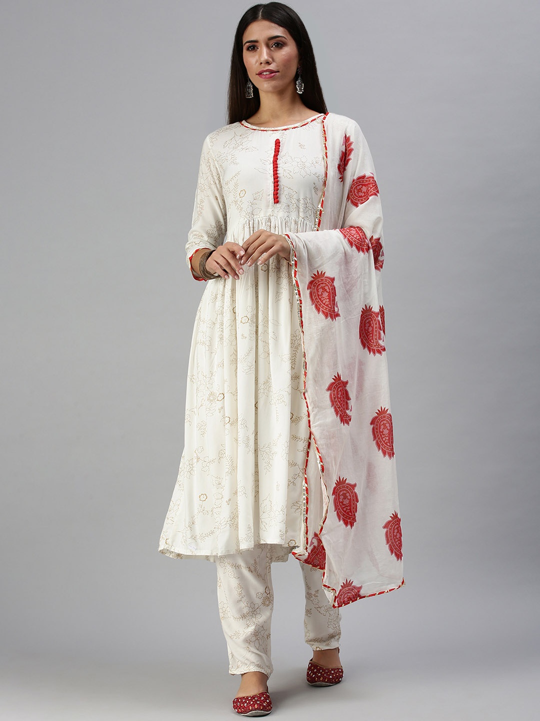 

SHOWOFF Women White & Red Ethnic Motifs Printed Kurta With Trousers & Dupatta