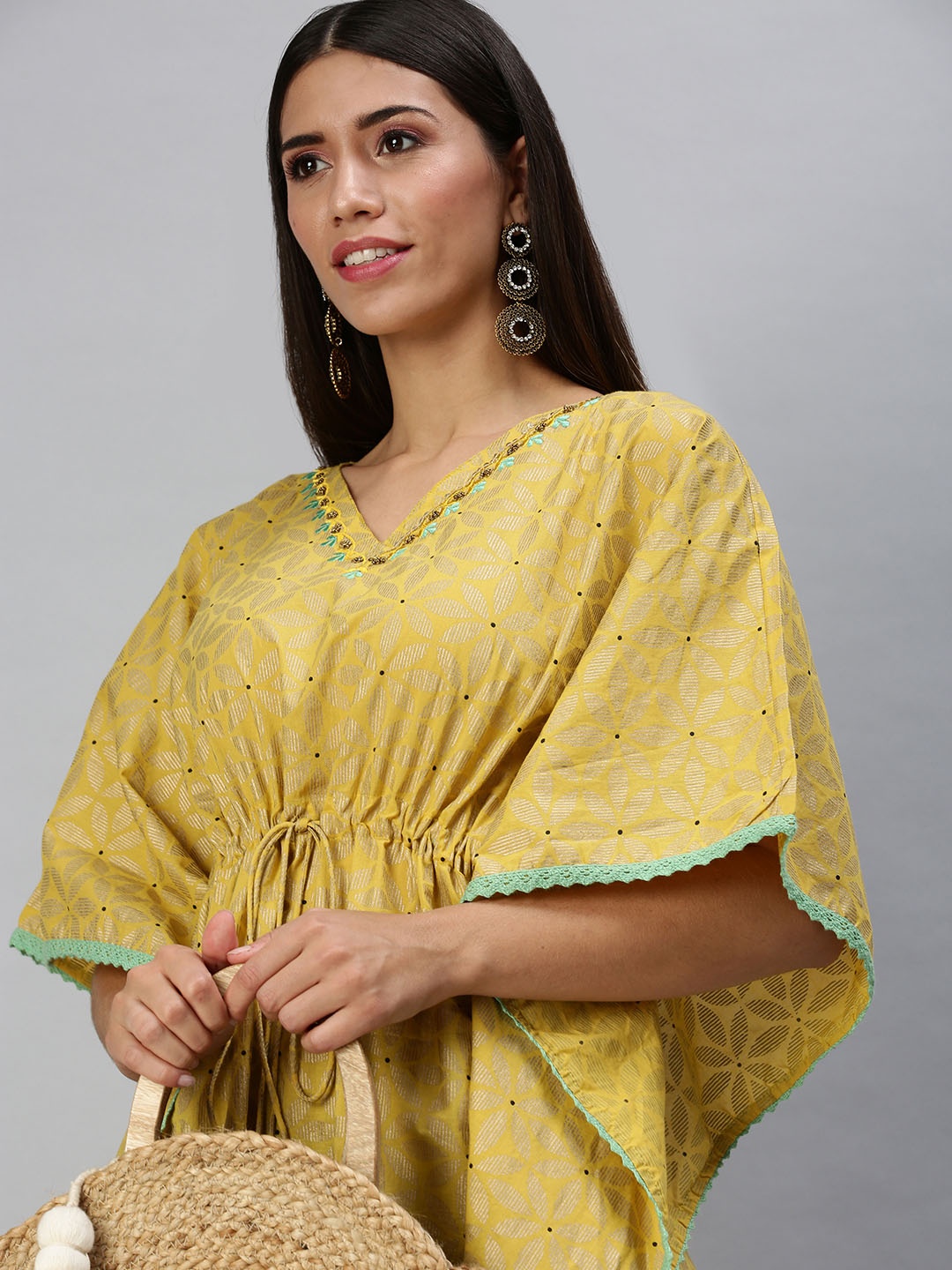 

SHOWOFF Women Yellow Ethnic Motifs Printed Kaftan Kurta with Trousers