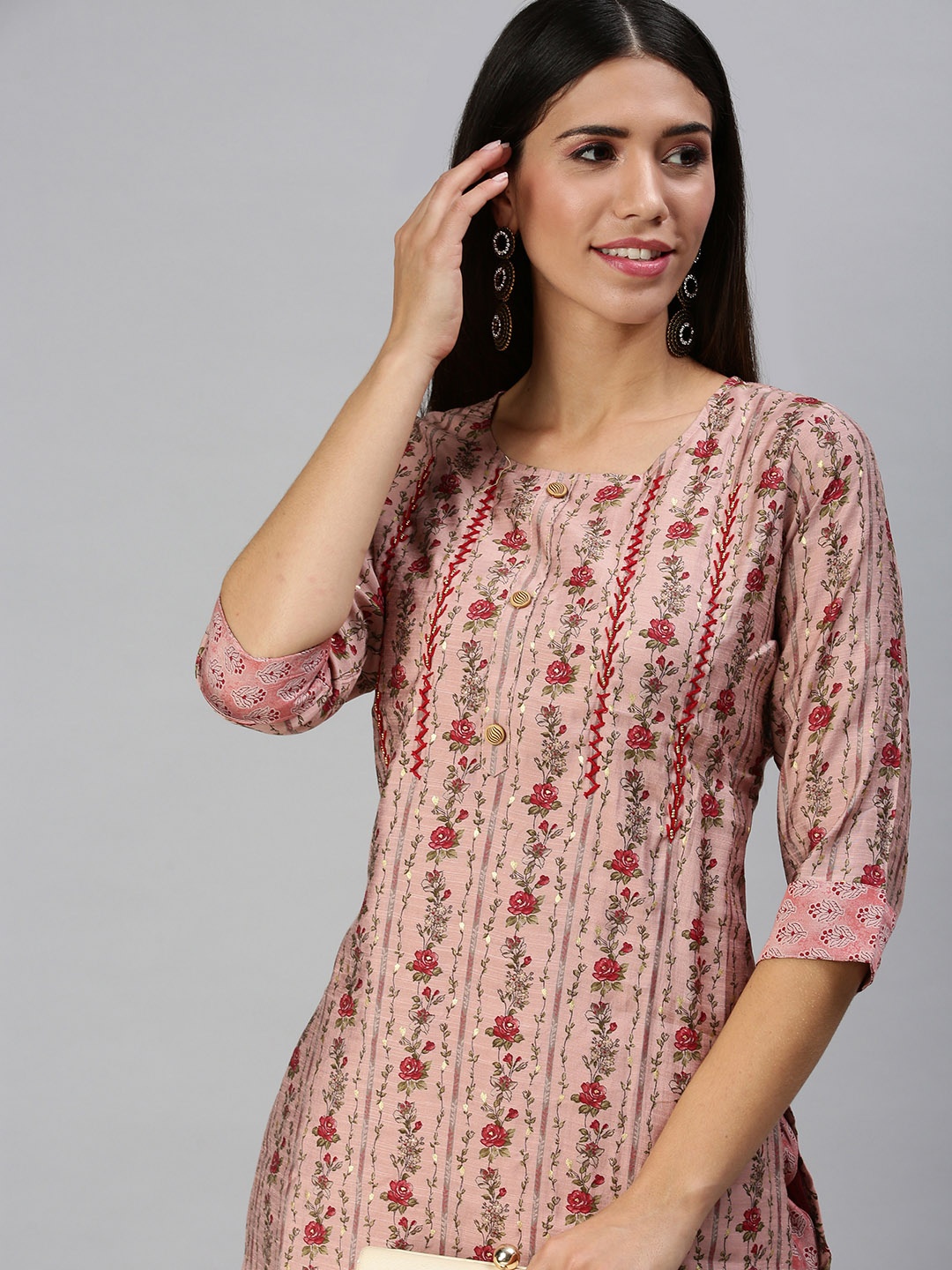 

SHOWOFF Women Peach-Coloured Floral Printed Pleated Kurta with Trousers