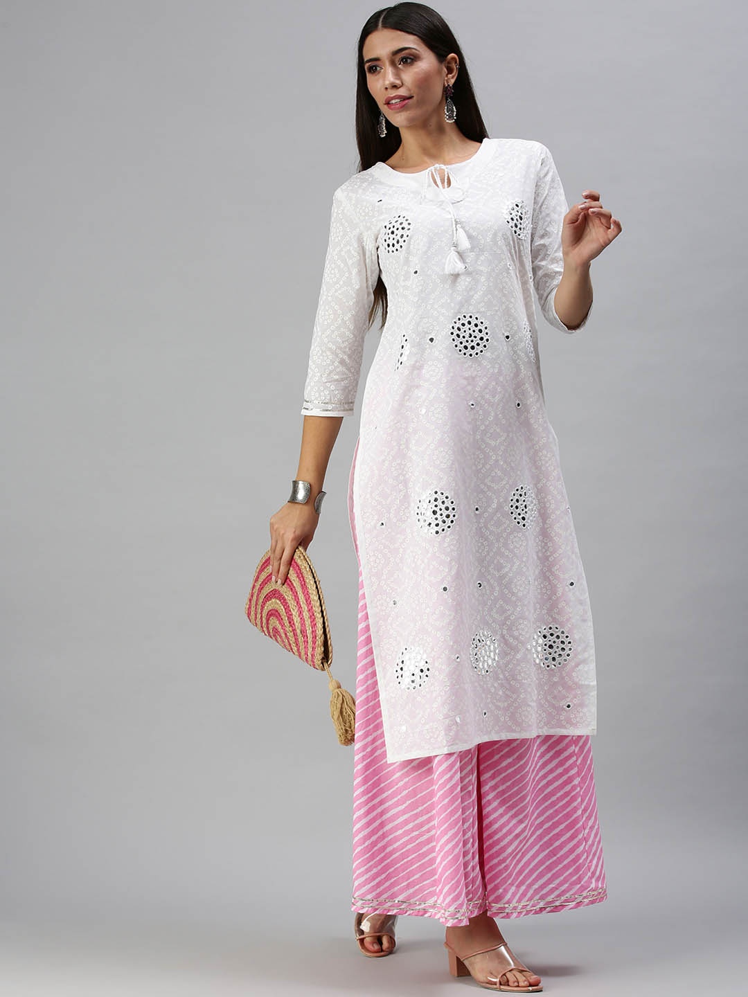 

SHOWOFF Women White Ethnic Motifs Straight Kurta with Palazzos