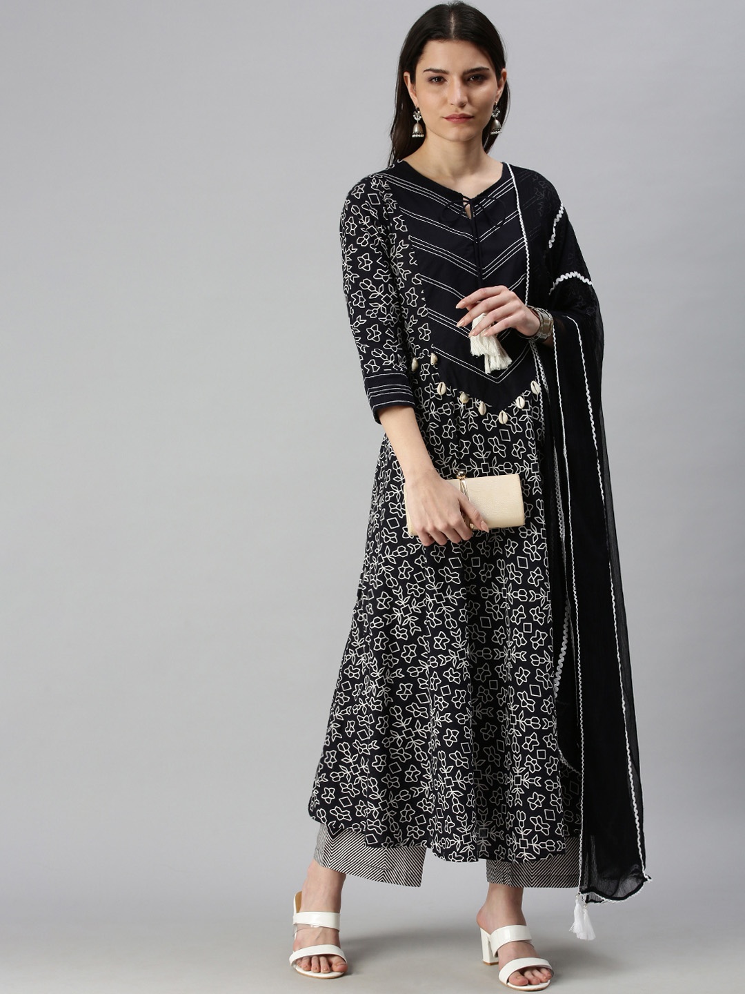 

SHOWOFF Women Navy Blue Ethnic Motifs Printed Kurta with Palazzos & With Dupatta