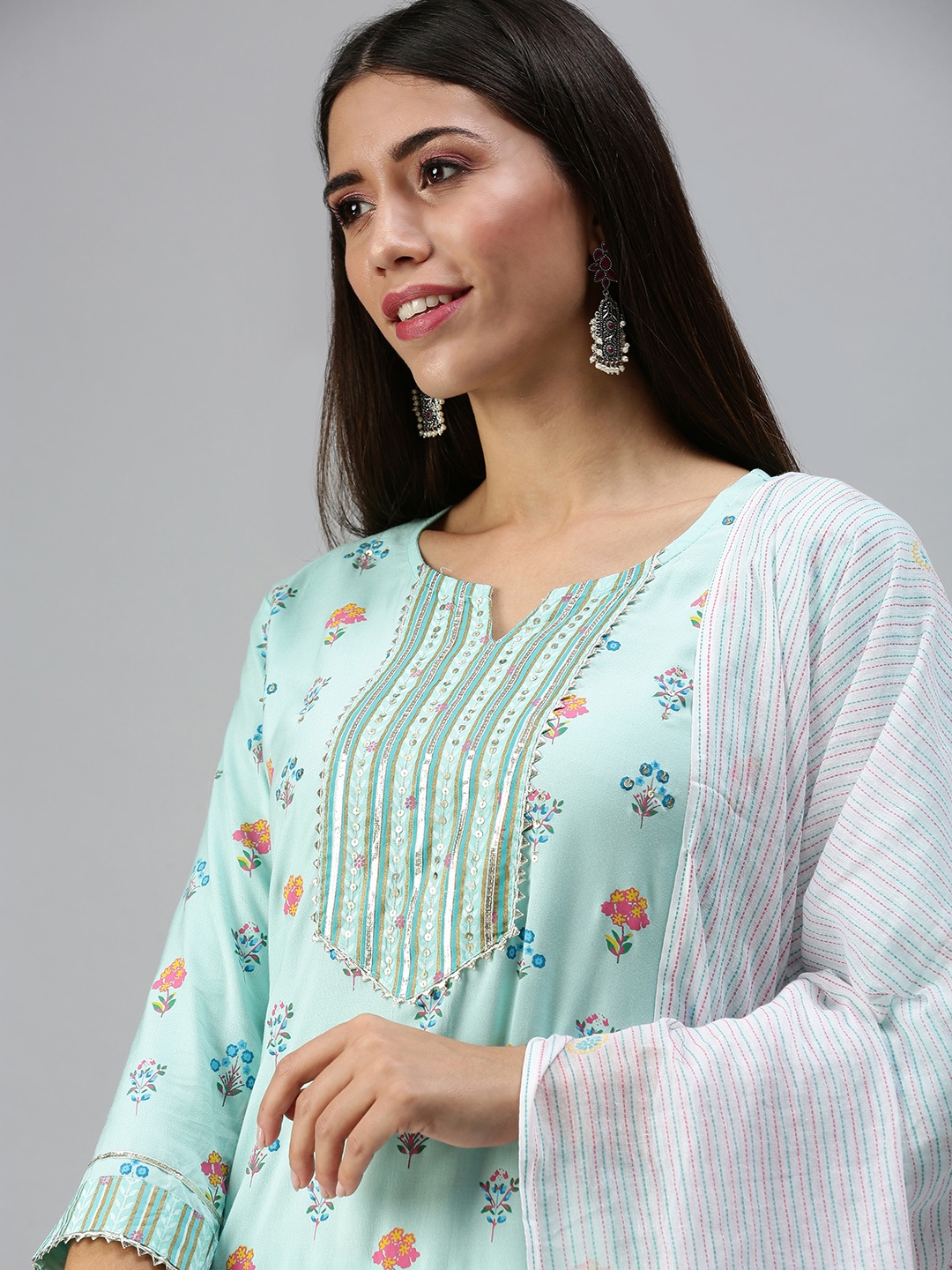 

SHOWOFF Women Blue Printed Kurta with Trousers & With Dupatta