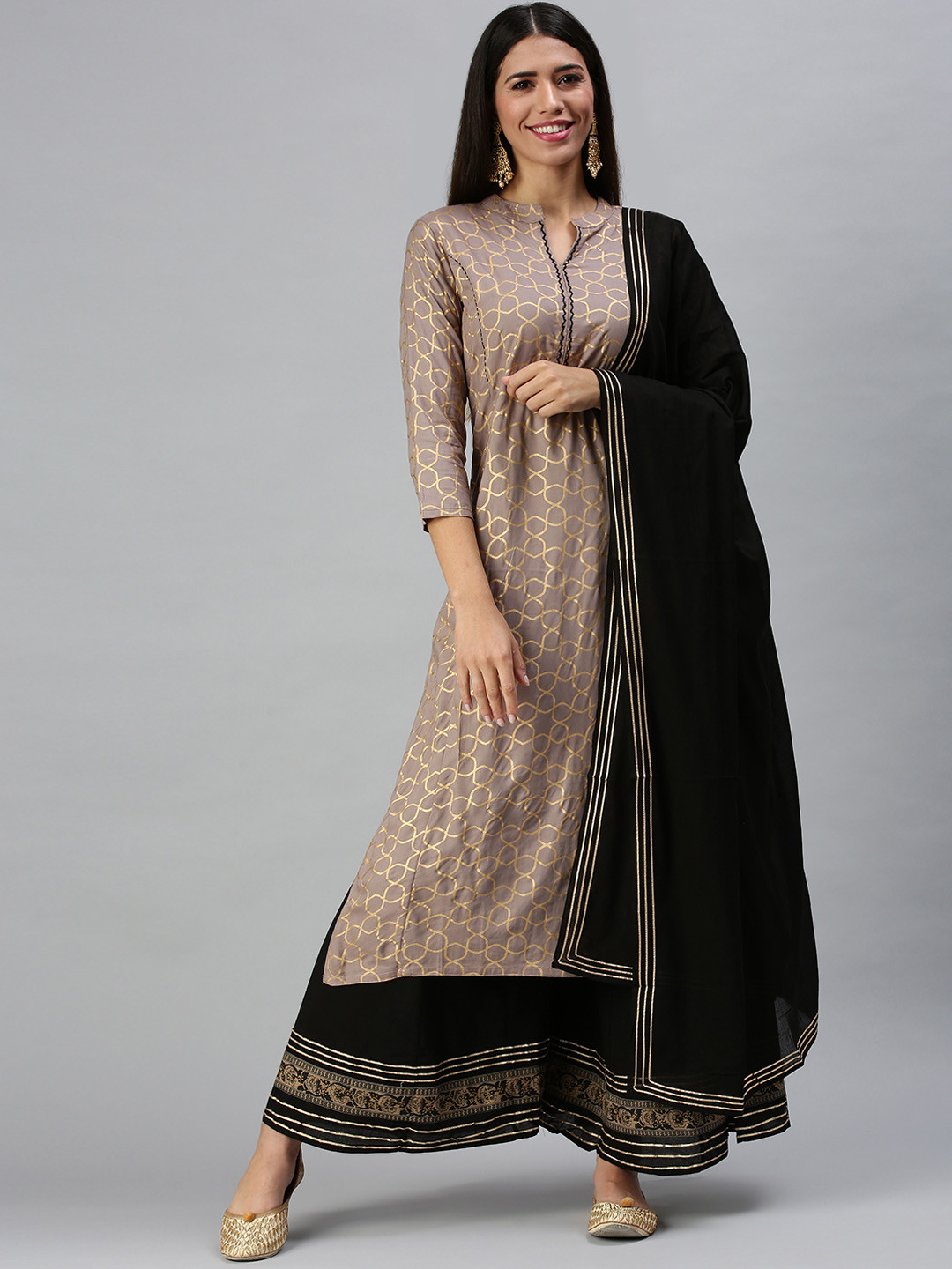 

SHOWOFF Women Grey Printed Kurta with Palazzos & Dupatta