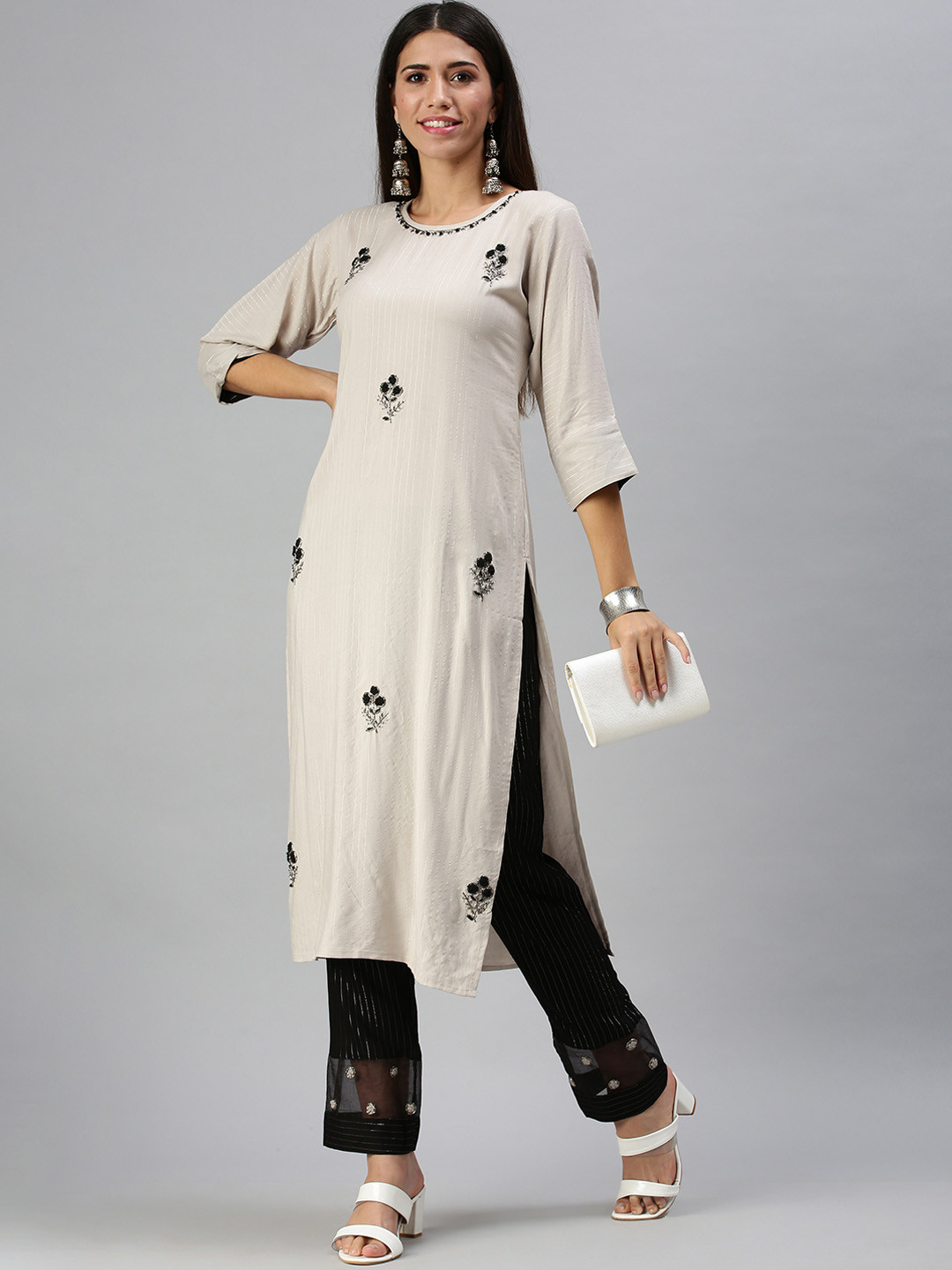 

SHOWOFF Women Grey Floral Embroidered Kurta with Trousers & Dupatta