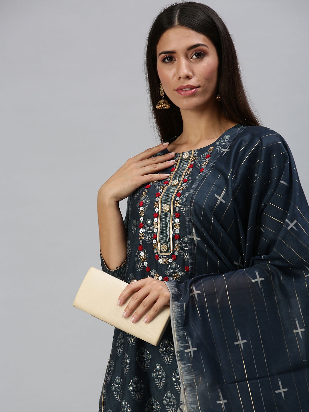 

SHOWOFF Women Blue Ethnic Motifs Embroidered Thread Work Kurta with Trousers & With Dupatta