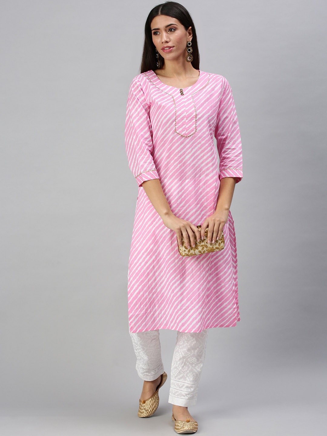 

SHOWOFF Women Pink Leheriya Printed Kurta with Trousers