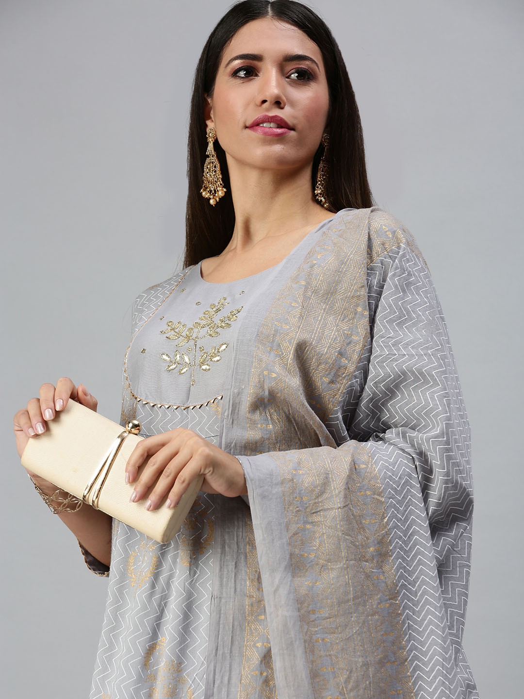 

SHOWOFF Women Grey Ethnic Motifs Embroidered Sequinned Kurta With Trousers & Dupatta