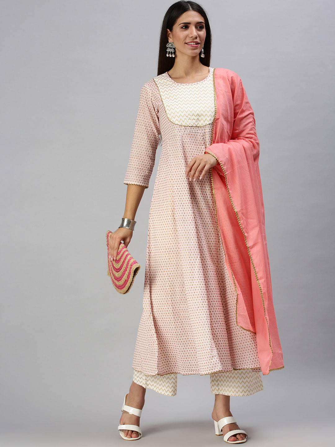 

SHOWOFF Women White & Peach Geometric Printed Anarkali Kurta With Trousers & Dupatta