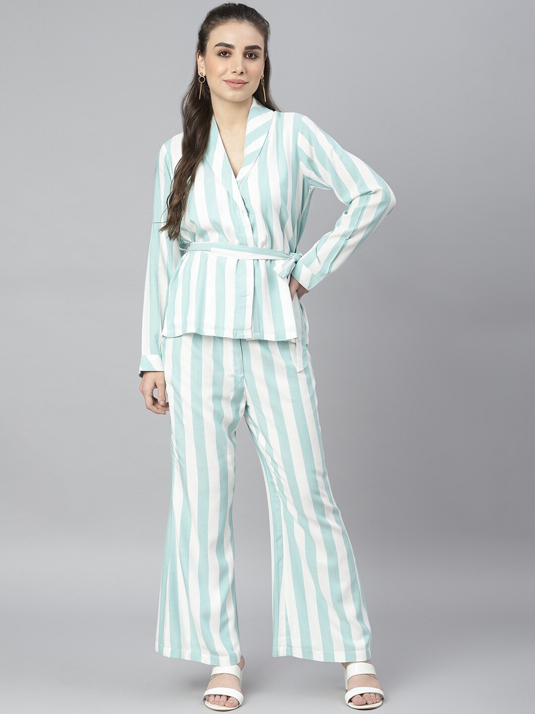 

DEEBACO Women Blue Striped Pure Cotton Coat with Trousers