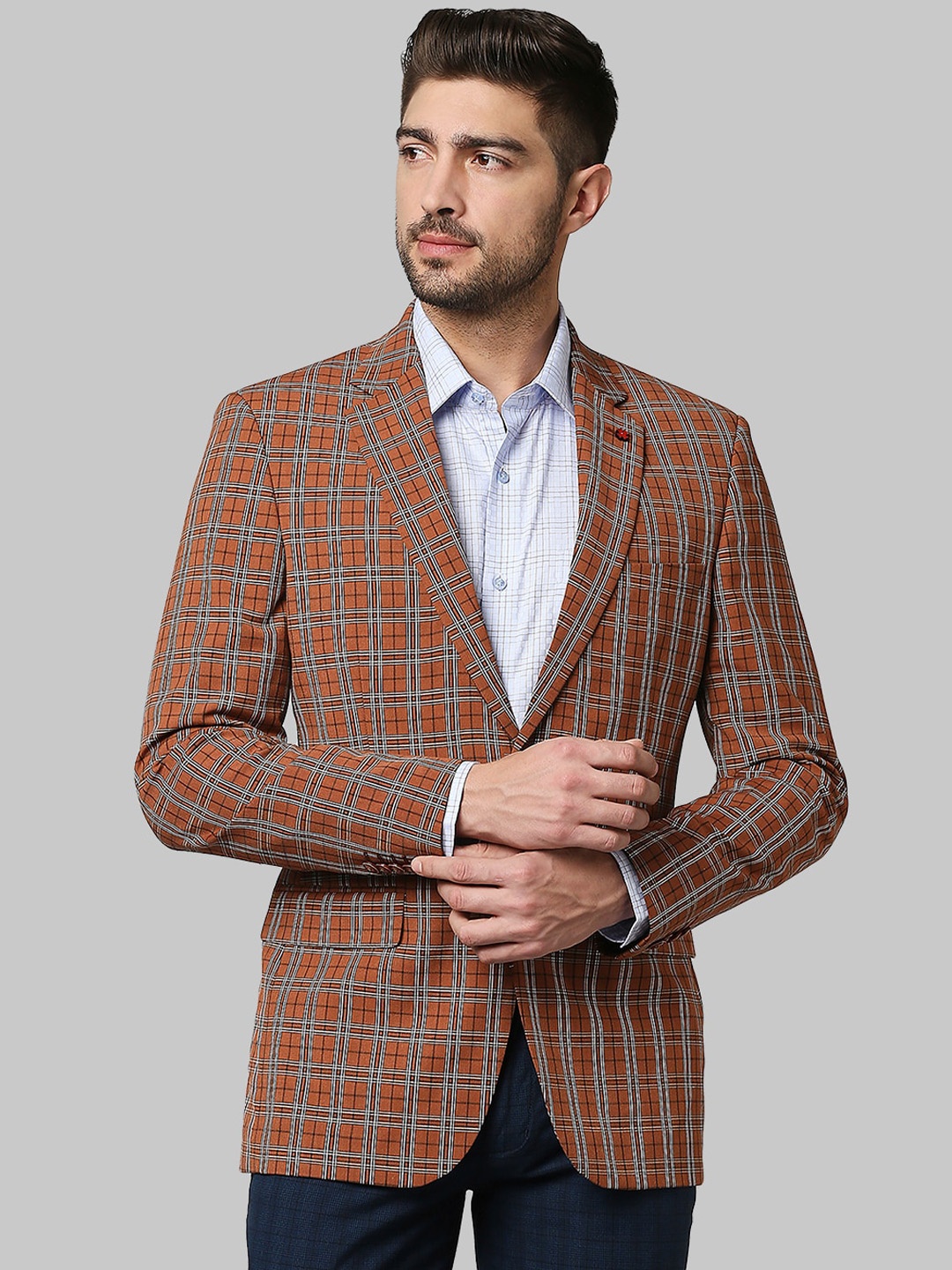 

Raymond Men Orange & Grey Checked Slim-Fit Single Breasted Formal Blazer