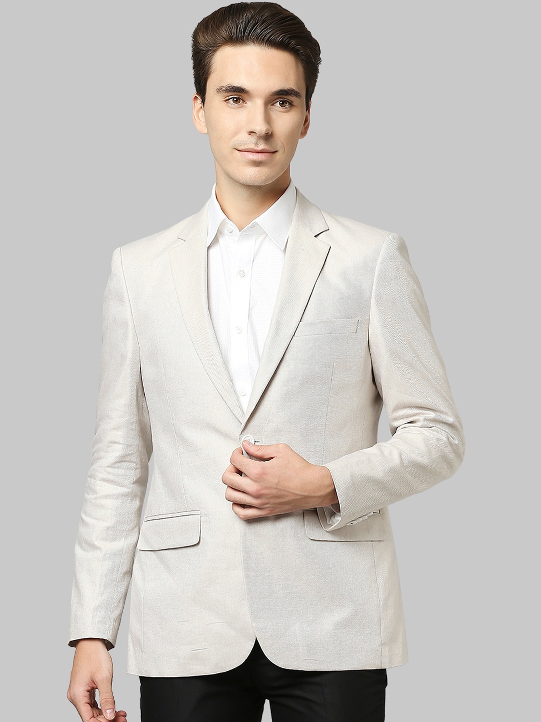 

Raymond Men Beige Single Breasted Formal Linen Blazer