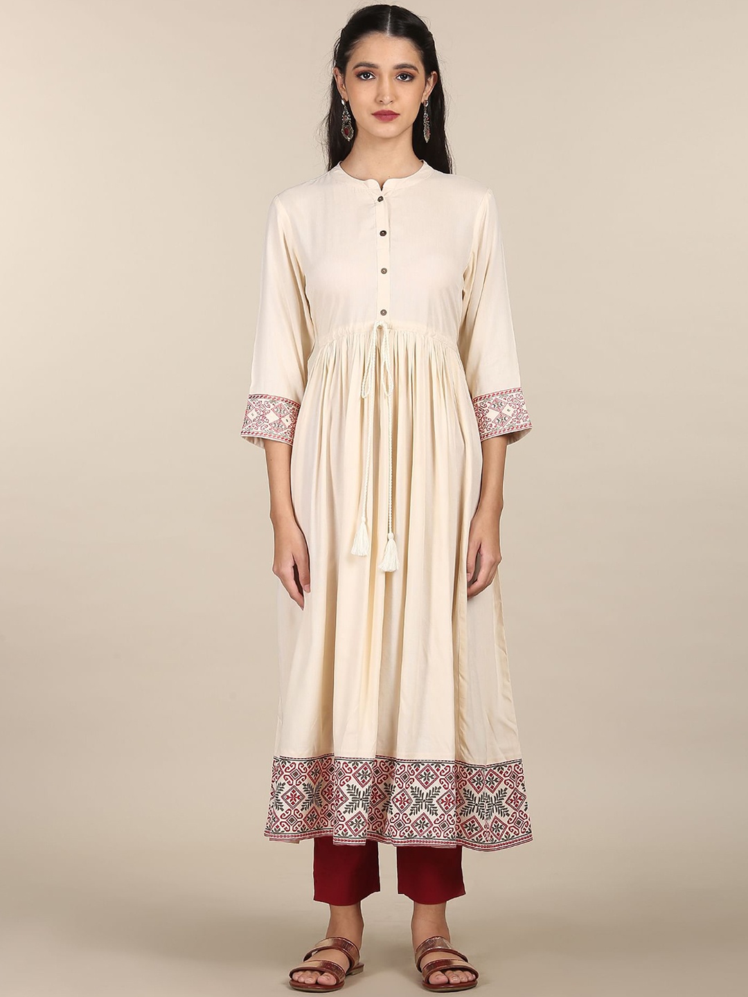 

Karigari Women Cream-Coloured Thread Work Anarkali Kurta