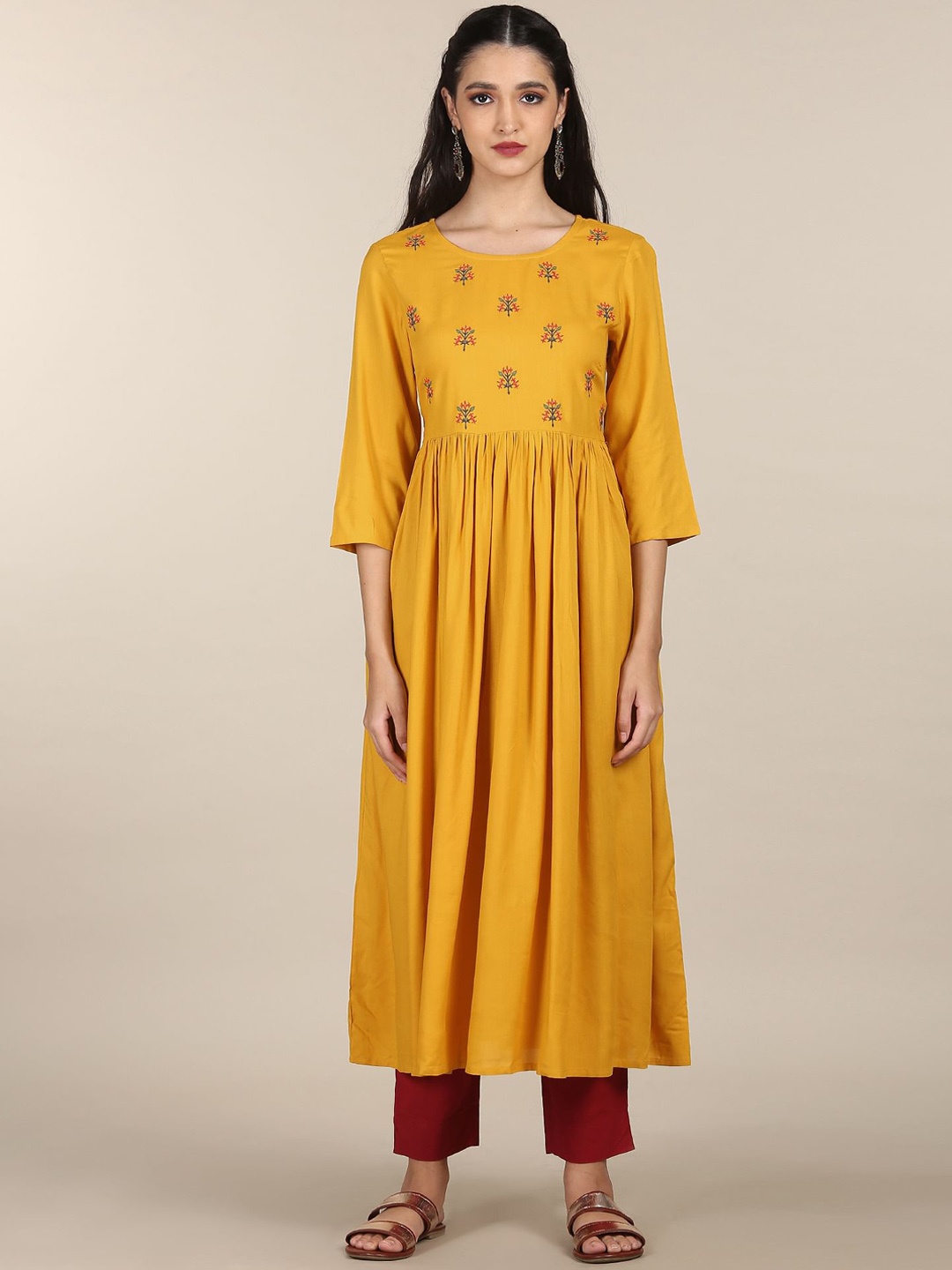 

Karigari Women Yellow Floral Embroidered Anarkali Kurta