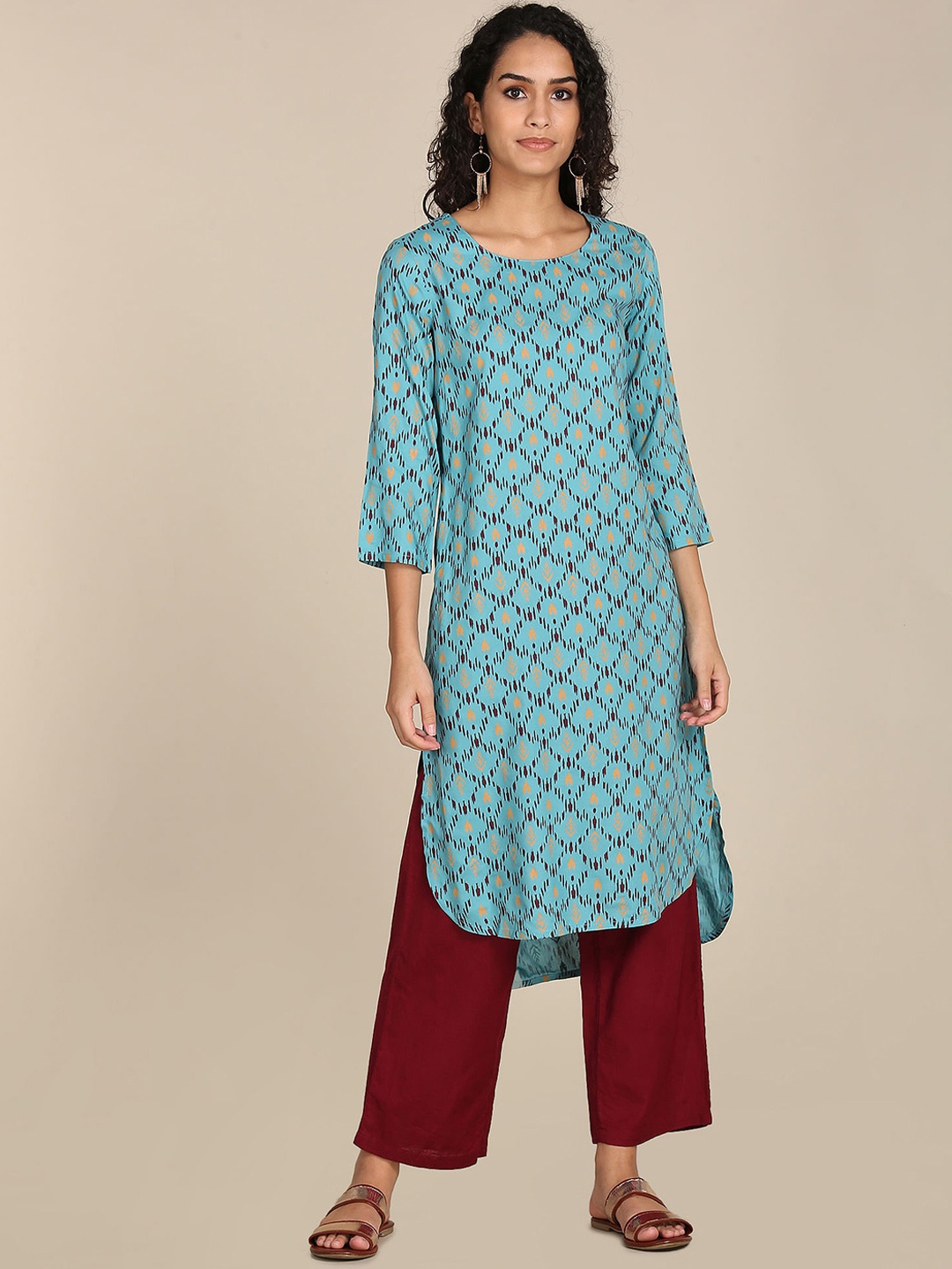 

Karigari Women Teal & Brown Geometric Printed Kurta