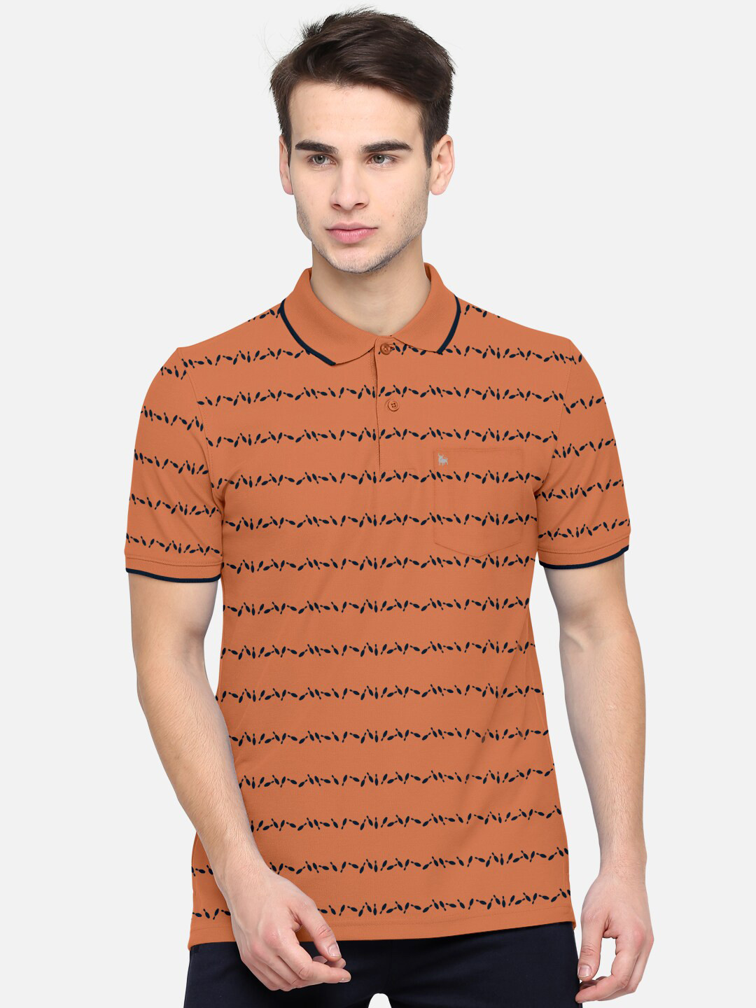 

BULLMER Men Brown Striped Polo Collar Cotton T-shirt
