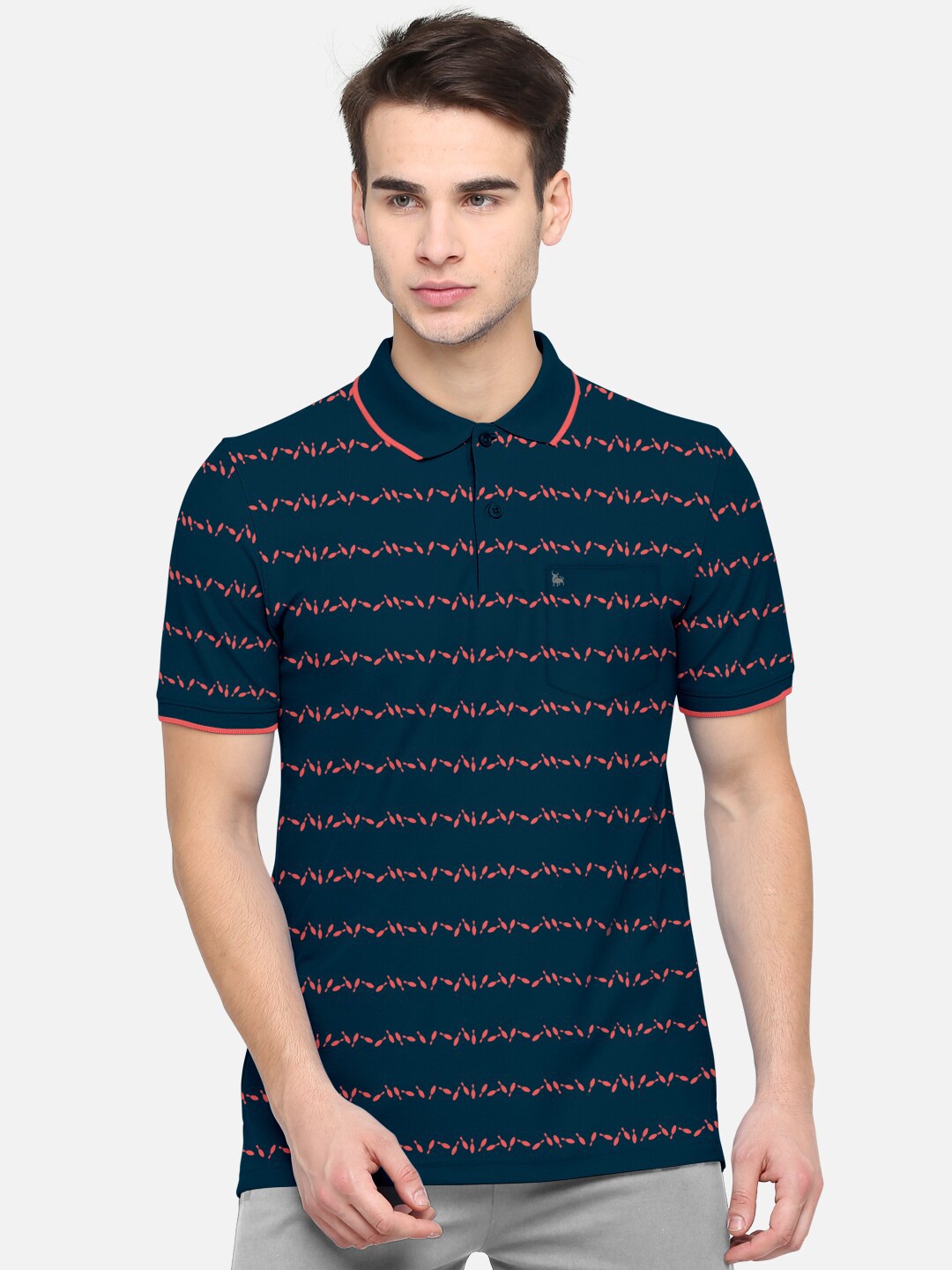 

BULLMER Men Navy Blue & Pink Printed Polo Collar T-shirt