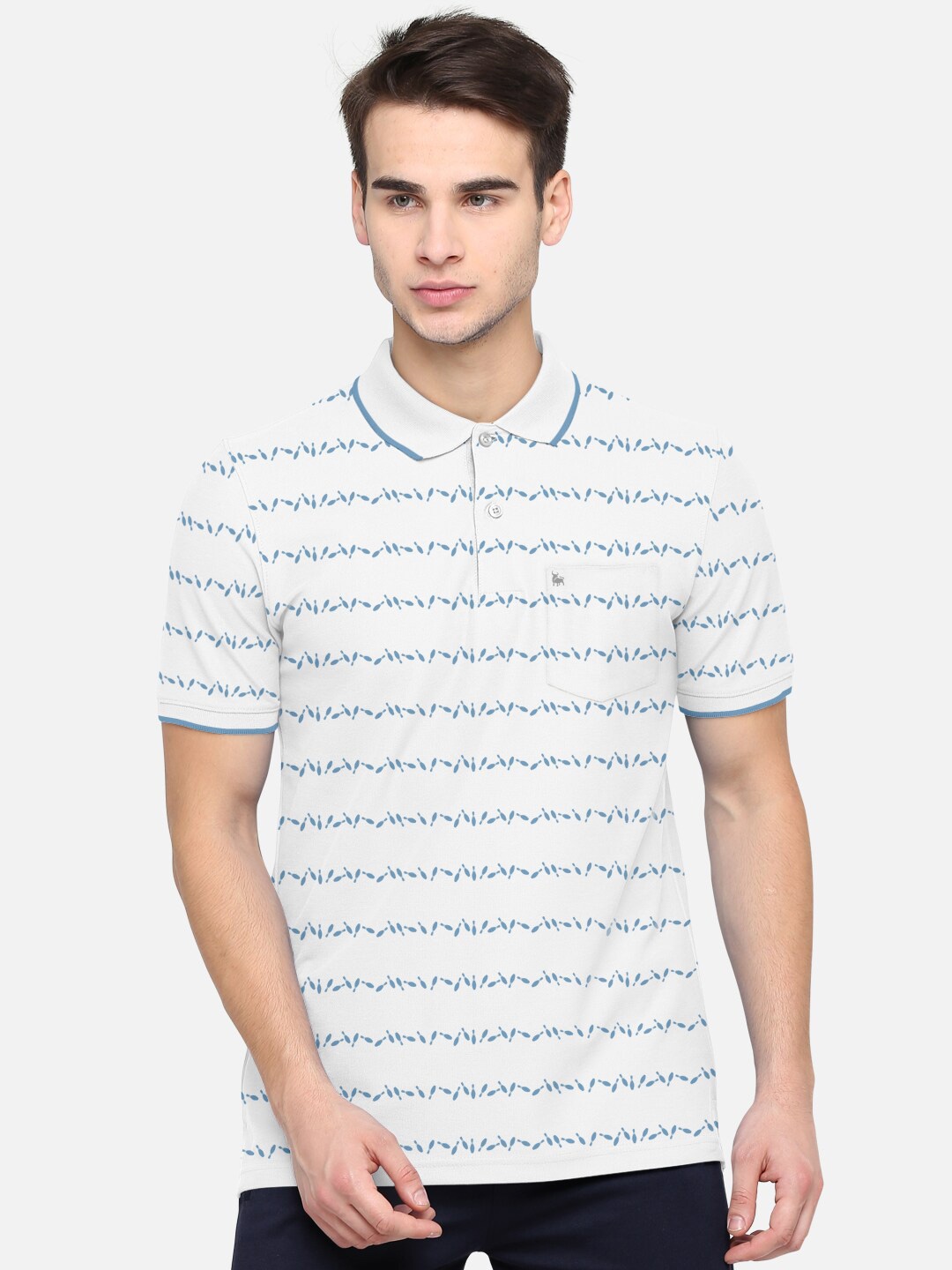 

BULLMER Men White & Grey Printed Polo Collar Bio Finish T-shirt