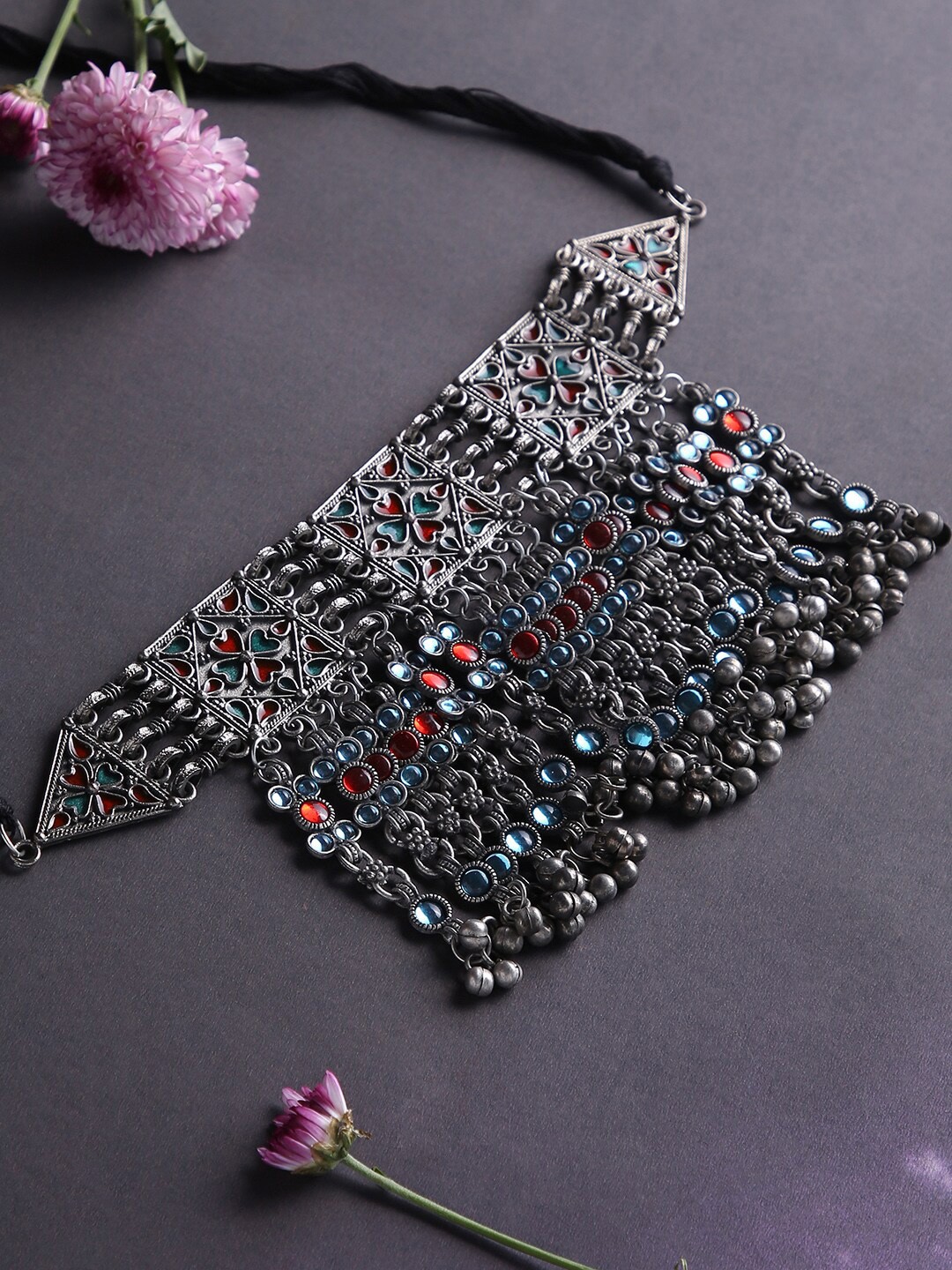 

justpeachy Silver-Toned & Green Silver-Plated Oxidised Necklace