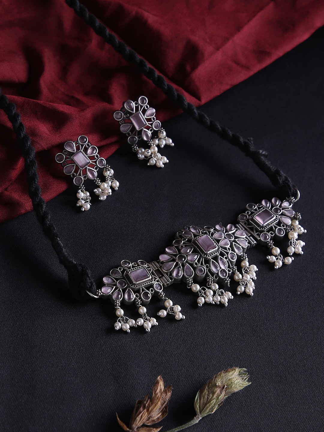 

justpeachy Women Oxidized Silver-Plated White Stone Studded Jewellery Set