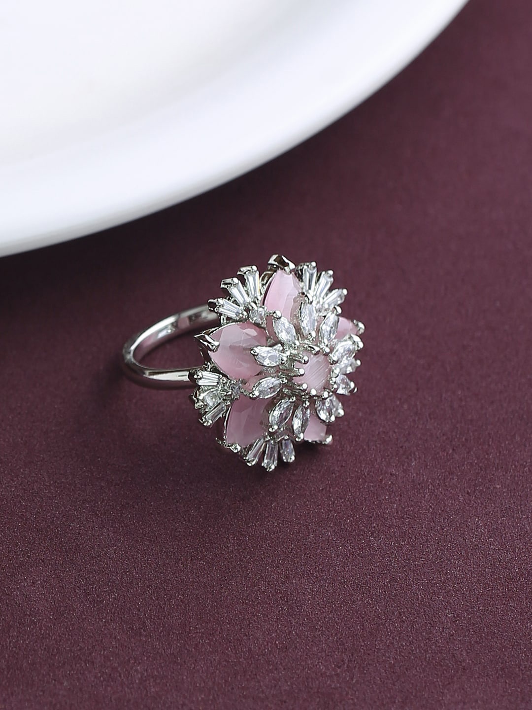 

justpeachy Silver-Plated Pink American Diamond Stone-Studded Finger Ring