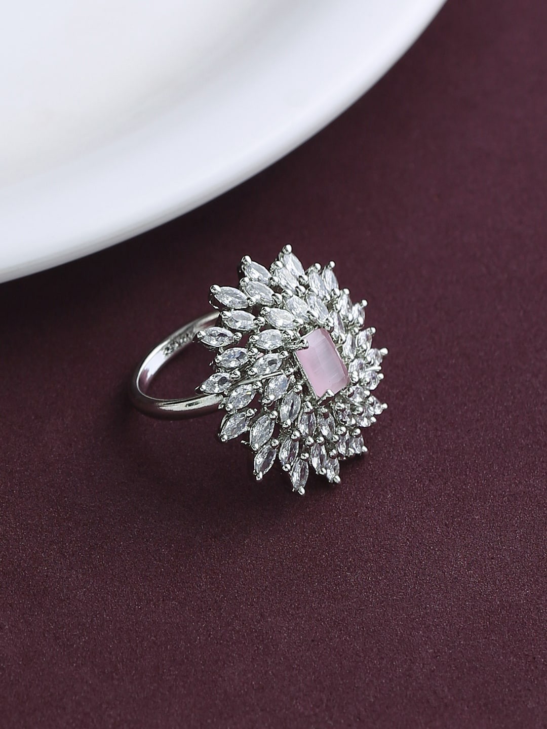 

justpeachy Women Silver-Plated & Pink American Diamond Studded Finger Ring