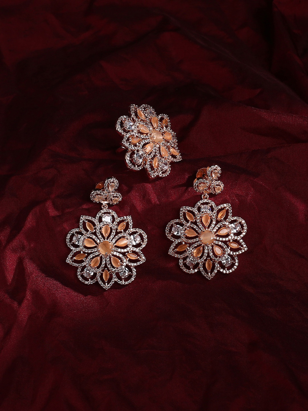 

justpeachy Gold-Plated & Peach AD Stone-Studded Jewellery Set