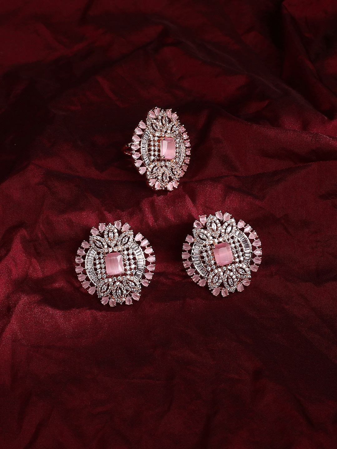 

justpeachy Gold-Plated & Pink American Diamond Stone-Studded Jewellery Set