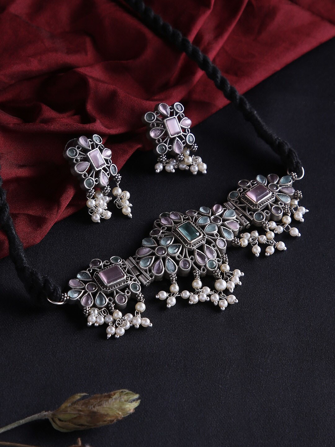 

justpeachy Silver-Plated Oxidised Choker Jewellery Set