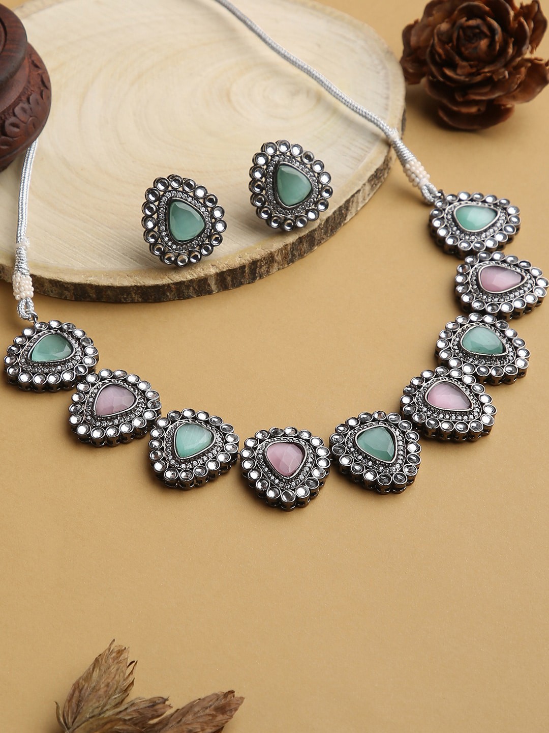 

justpeachy White & Green Stoned-Studded & Beaded Choker Jewellery Set, Multi