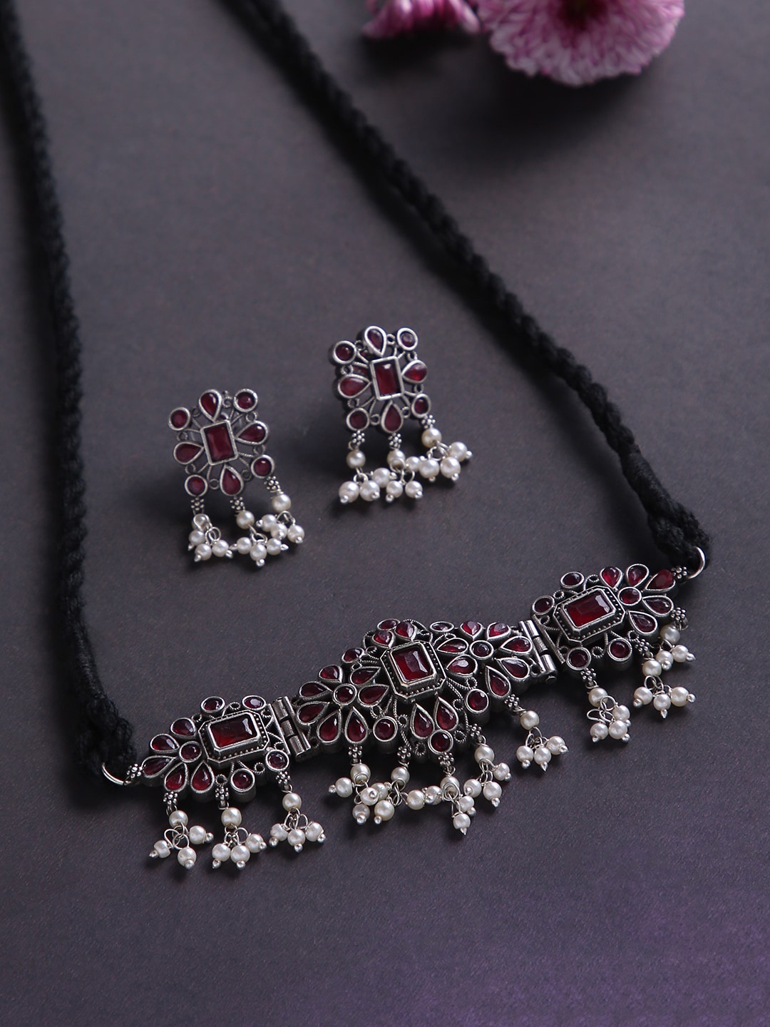 

justpeachy Oxidized Silver-Plated Stone-Studded Jewellery Set