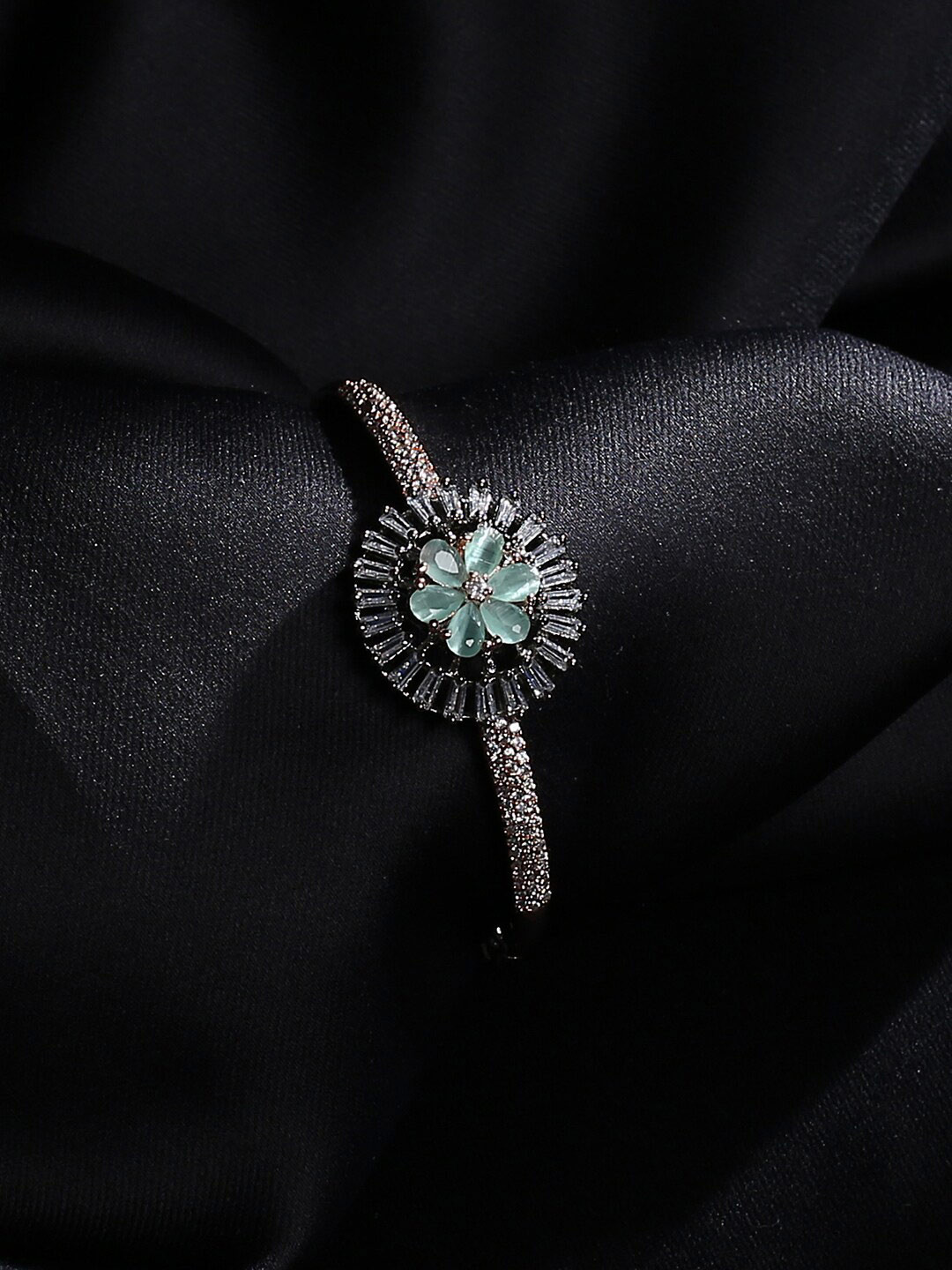 

justpeachy Women Rose Gold & Green Brass American Diamond Bangle-Style Bracelet