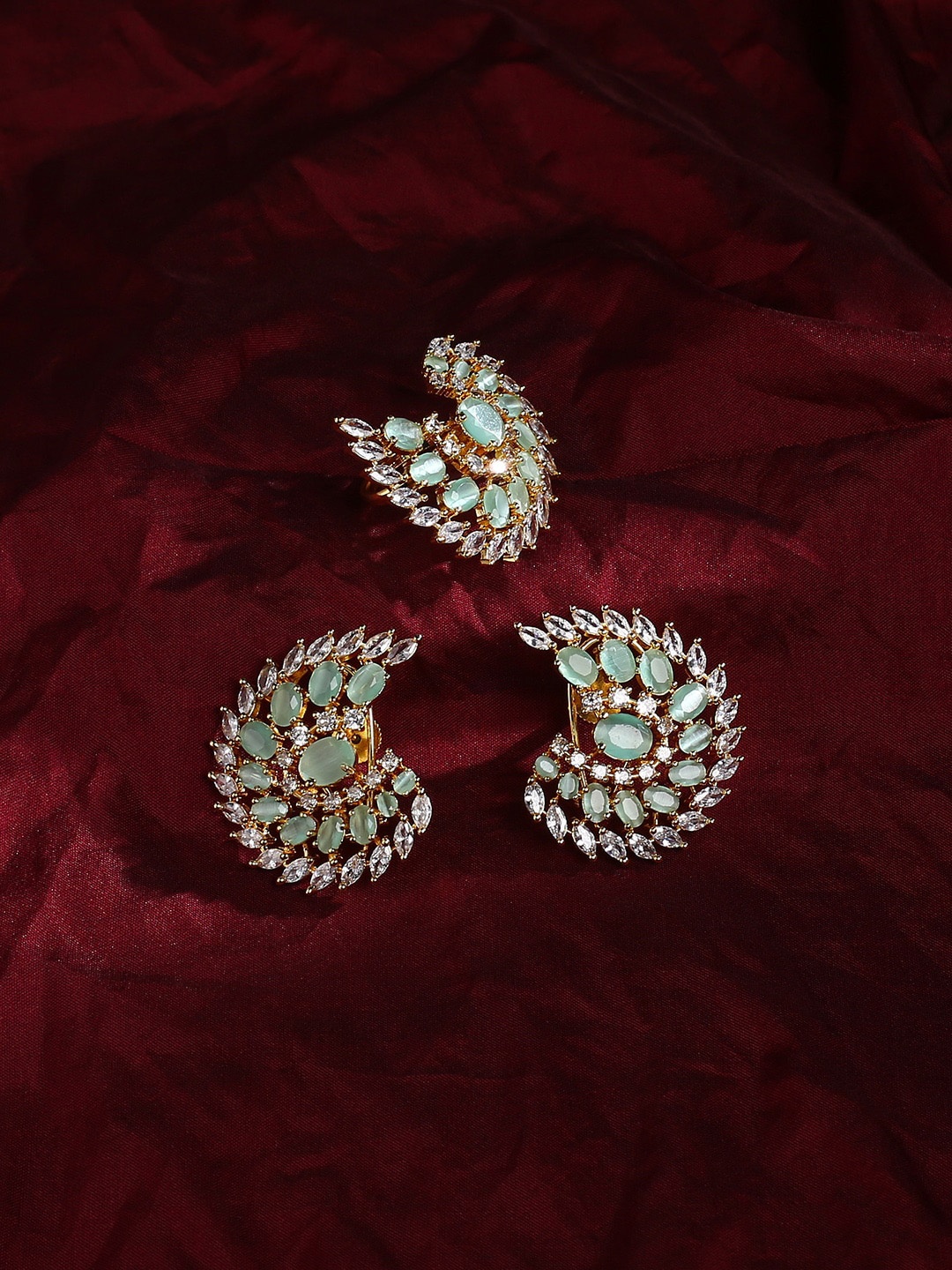 

justpeachy Gold-Plated & White & Green AD-Studded Jewellery Set