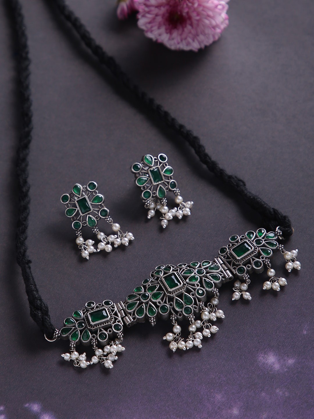 

justpeachy Oxidised Silver-Plated Green & White Stone-Studded & Beaded Jewellery Set