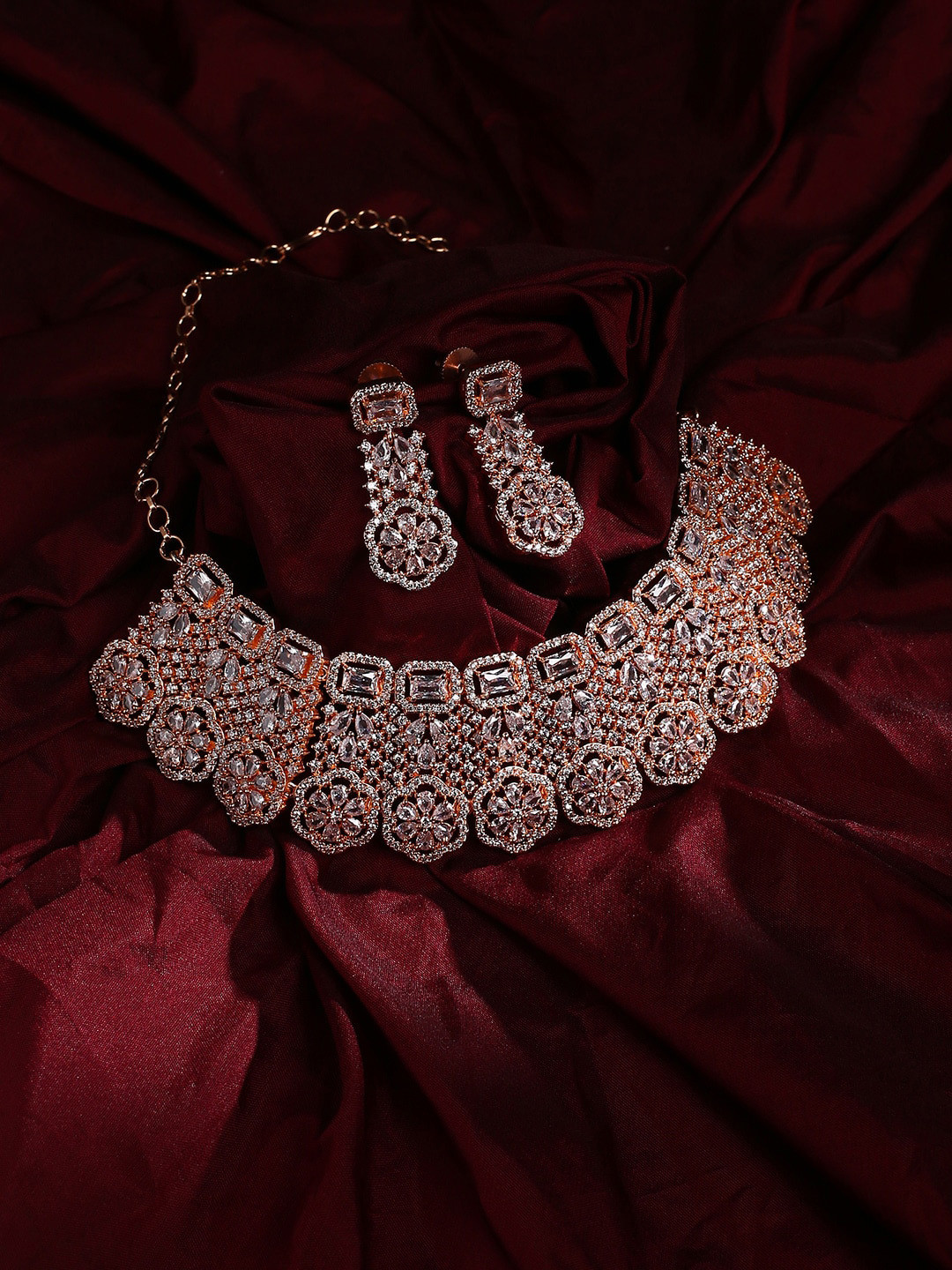 

justpeachy Rose-Gold Plated American Diamond Studded Jewellery Set