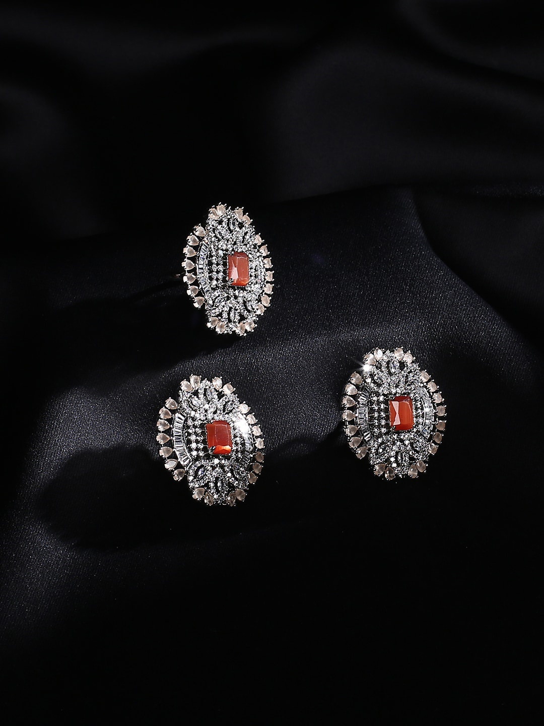 

justpeachy Silver-Plated Orange AD Stone-Studded Jewellery Set