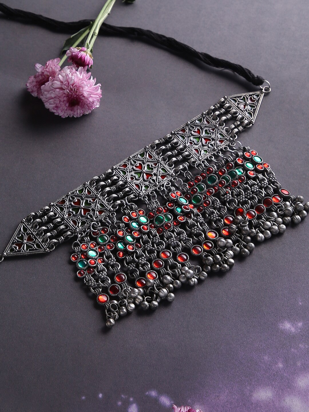 

justpeachy Green Silver-Plated Oxidised Necklace