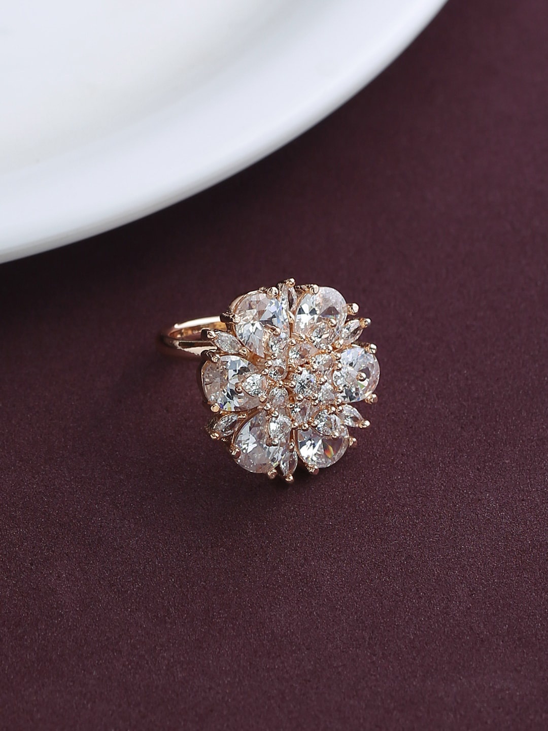 

justpeachy Rose Gold-Plated White AD-Studded Finger Ring