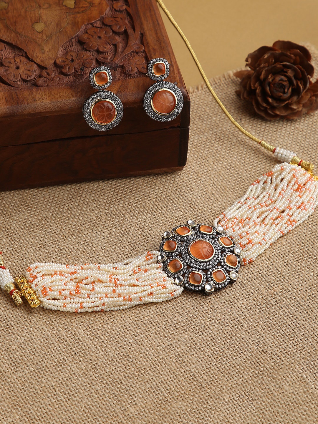 

justpeachy Orange Stoned-Studded & Beaded Choker Jewellery Set