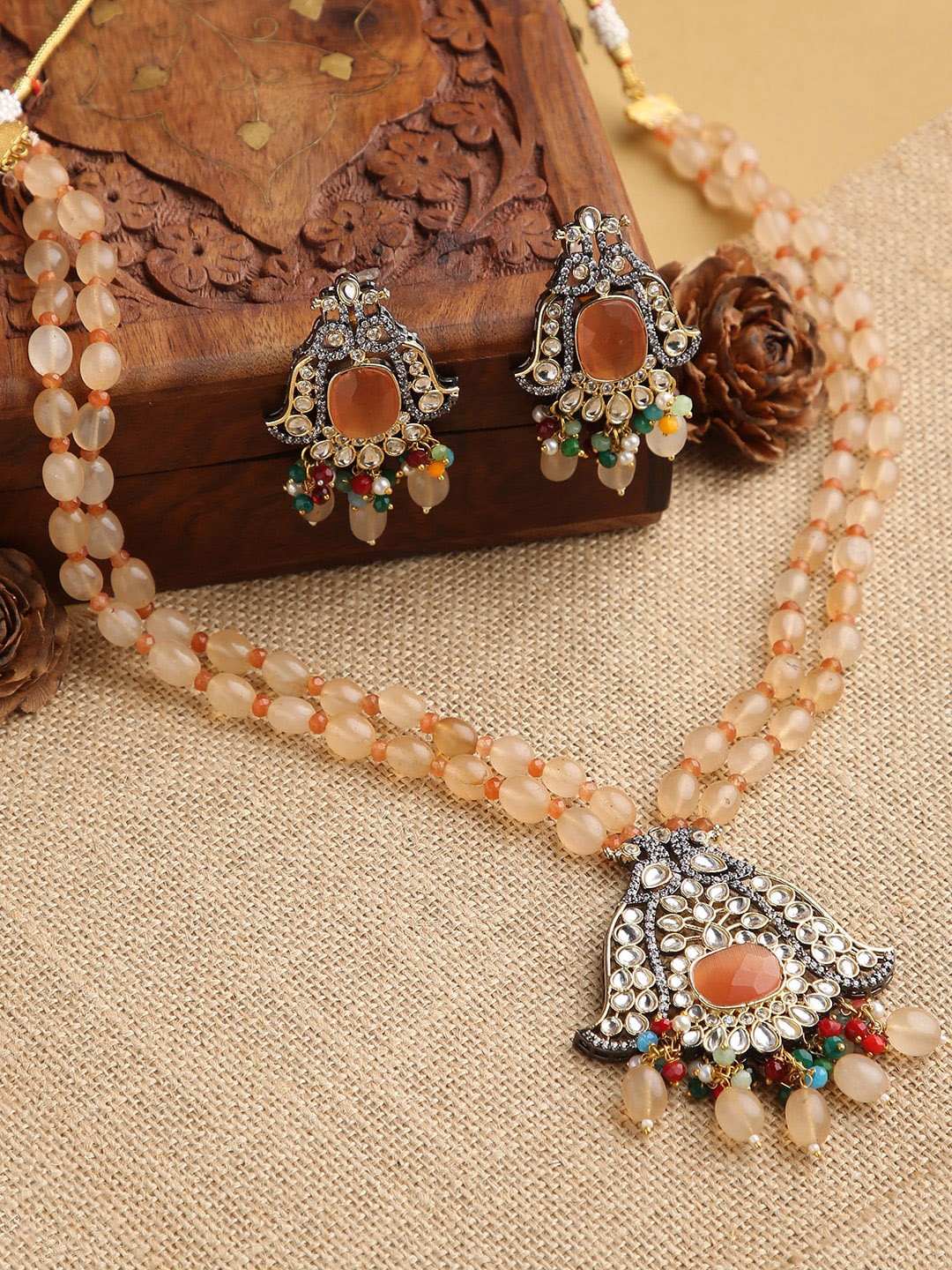 justpeachy Gold-Plated Peach-Coloured & White Stone-Studded Jewellery Set