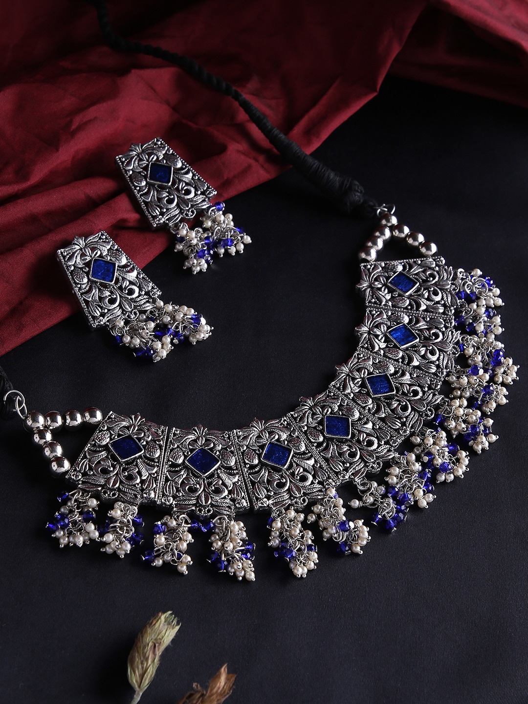 

justpeachy Women Silver-Plated & Blue Stones-Studded & Beads Oxidized Jewellery Set