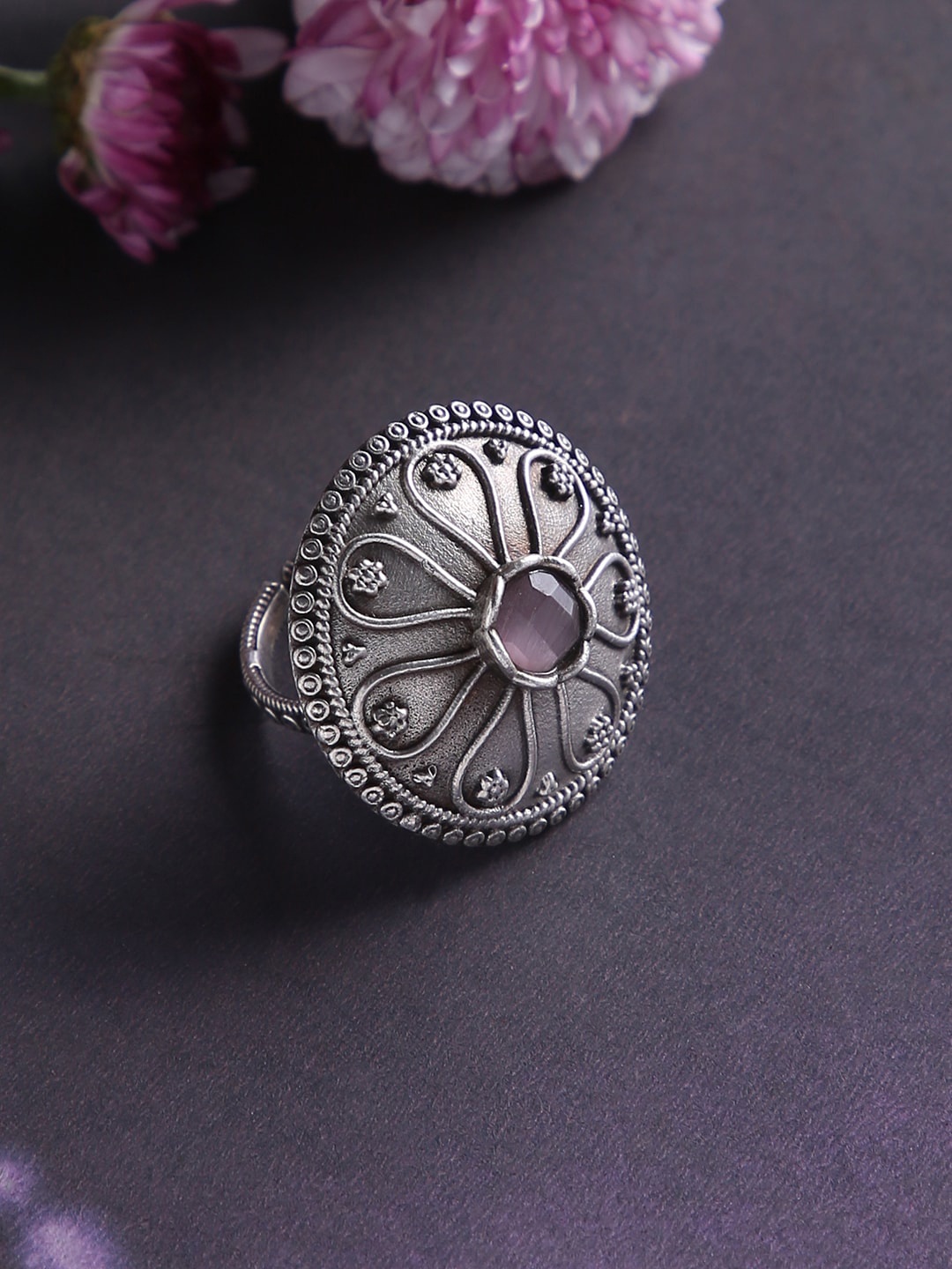 

justpeachy Oxidised Silver-Plated Pink Stone-Studded Finger Ring
