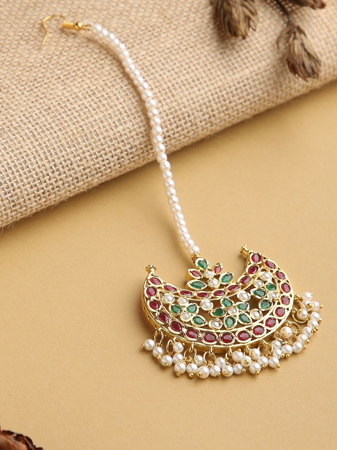 

justpeachy Gold-Plated White Stone-Studded & Pearl Beaded Maang Tikka, Multi