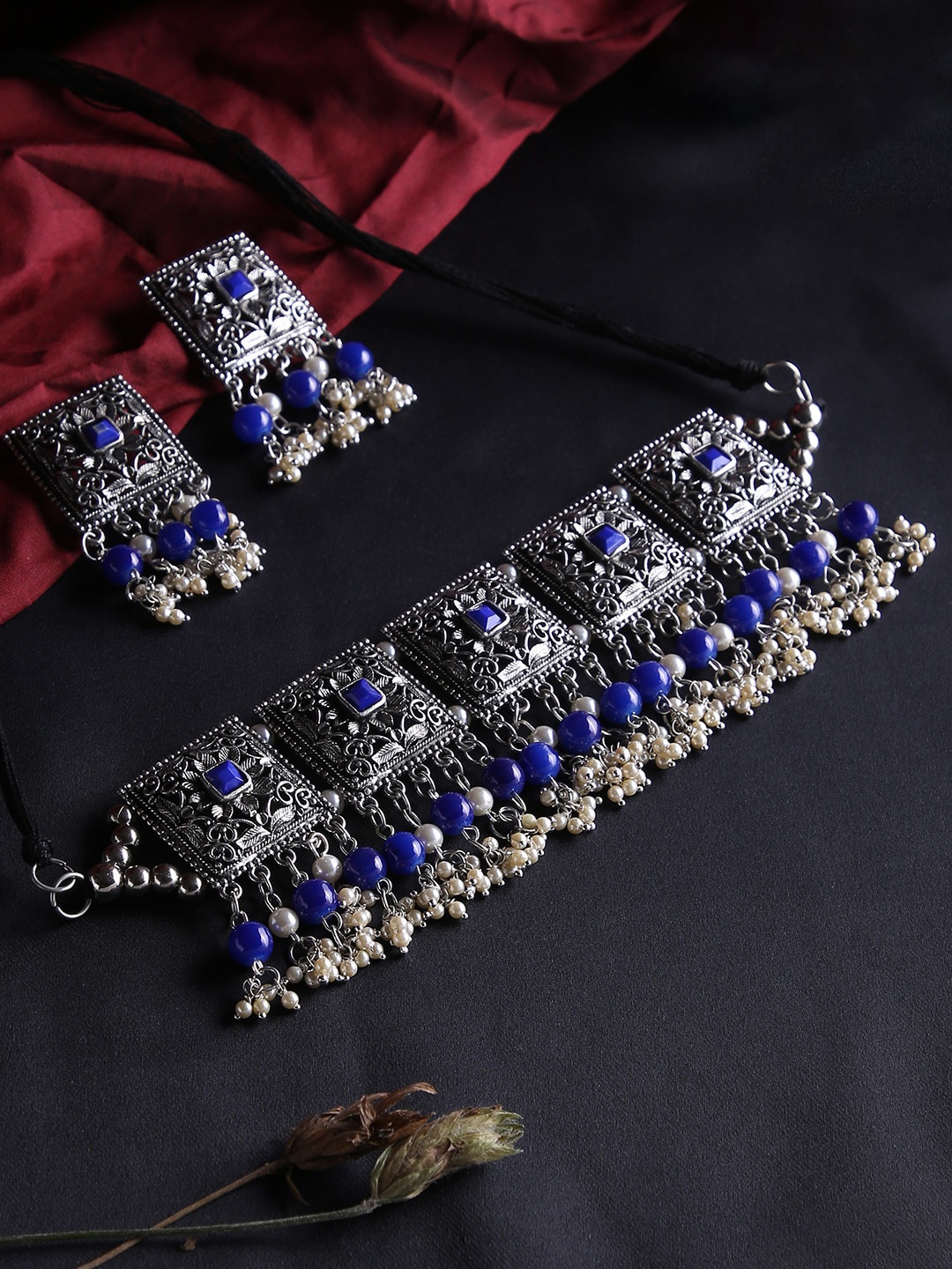 

justpeachy Oxidised Silver-Plated & Blue Stones & Beads Jewellery Set