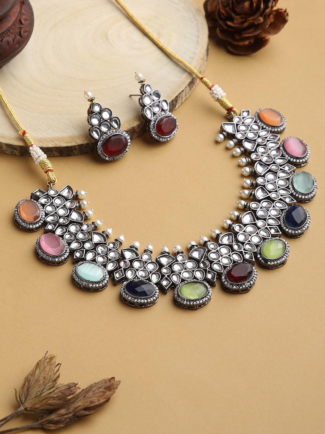 

justpeachy Multicoloured Silver-Toned Oxidised Antique Stone-Studded Jewellery Set, Multi